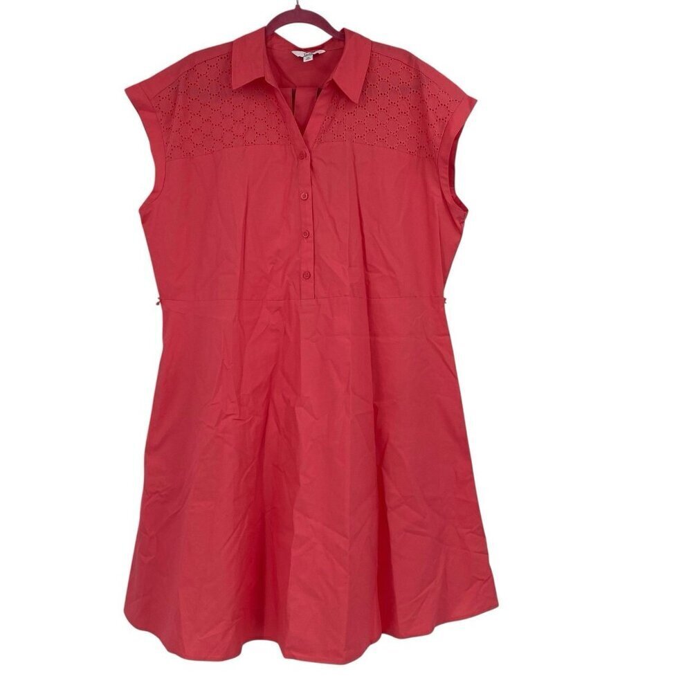 Croft & Barrow XXL Pink Coral Short Sleeve Shirt Dress Button Up Belted Eyelet